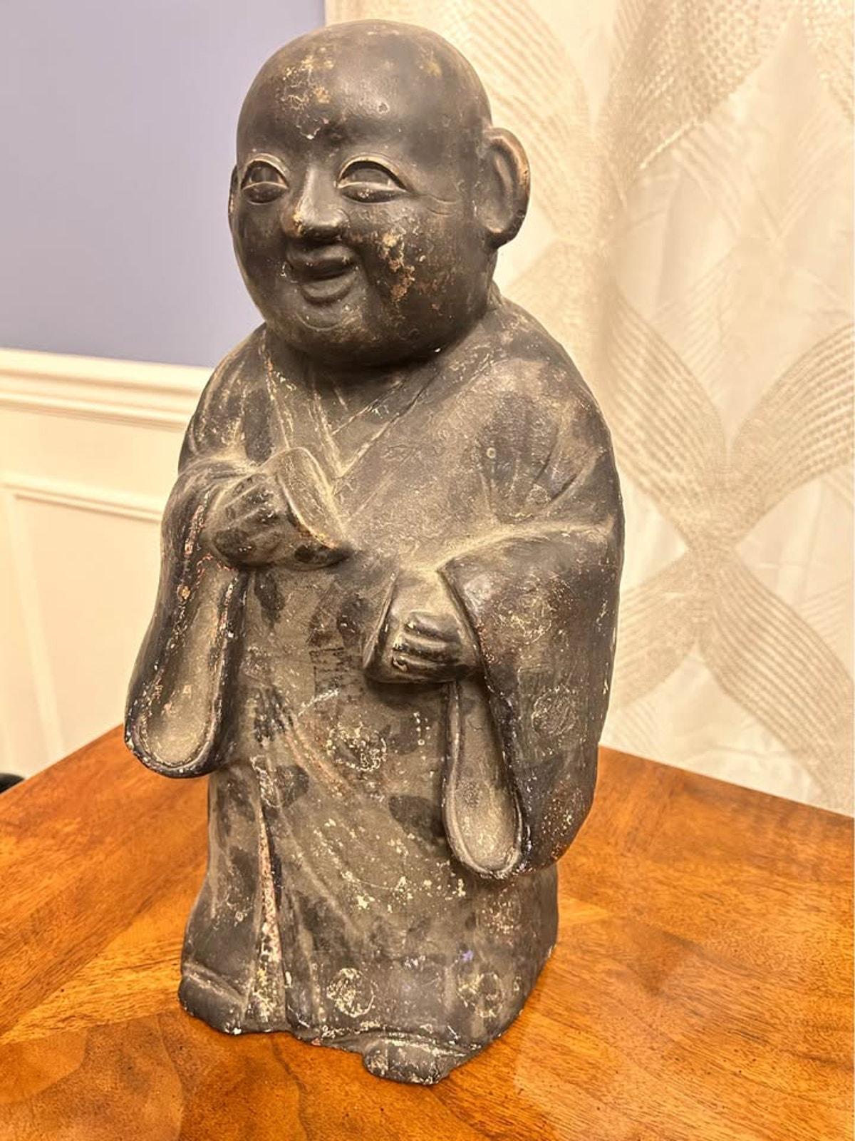 Antique Japanese Tsuchi Ningyo Black Clay Scholar Monk Figure 15"
