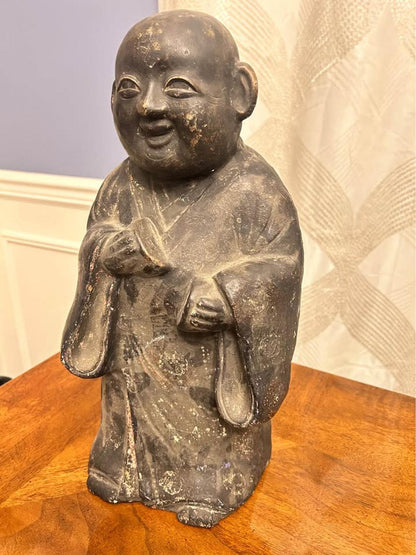 Antique Japanese Tsuchi Ningyo Black Clay Scholar Monk Figure 15"