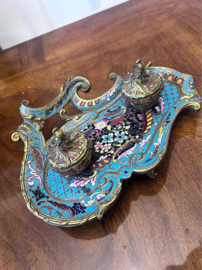 Antique French Champlevé Enamel Brass Double Inkwell