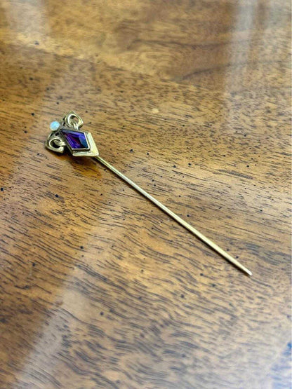 Antique Jaccard Jewelry Co 14k Gold Amethyst & Pearl Stick Pin in Box