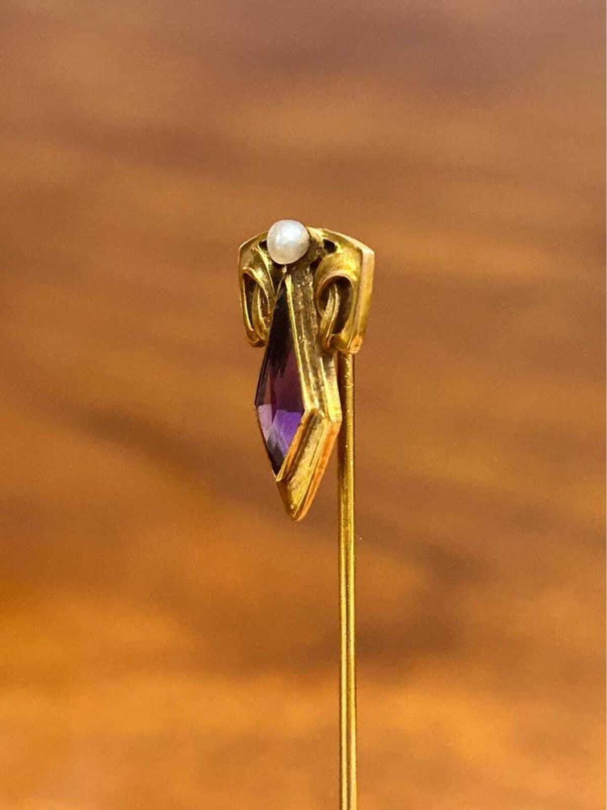 Antique Jaccard Jewelry Co 14k Gold Amethyst & Pearl Stick Pin in Box