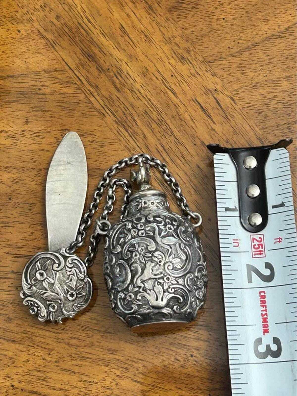 Antique Ornate Sterling Silver Chatelaine Scent Bottle With Swan Finial And Repousse Motif