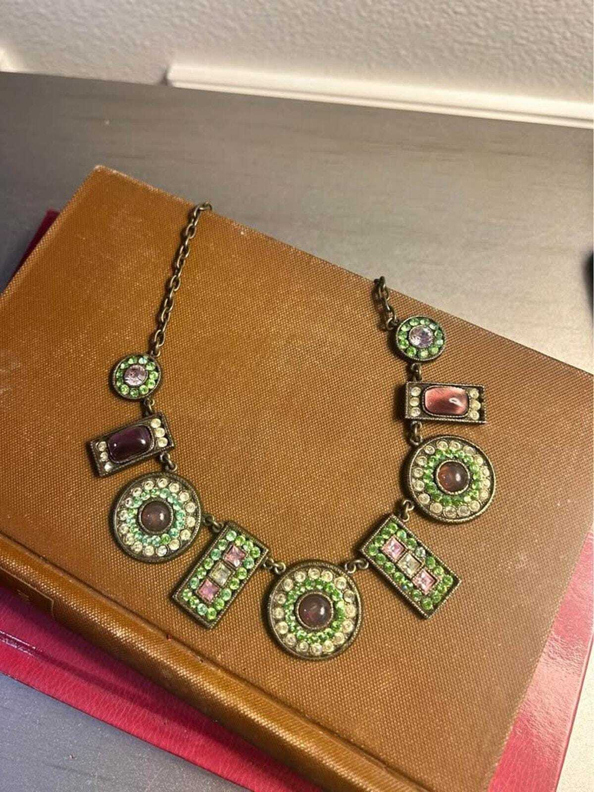Vintage Poggi Paris Bronze Tone and Uranium Glass Statement Necklace