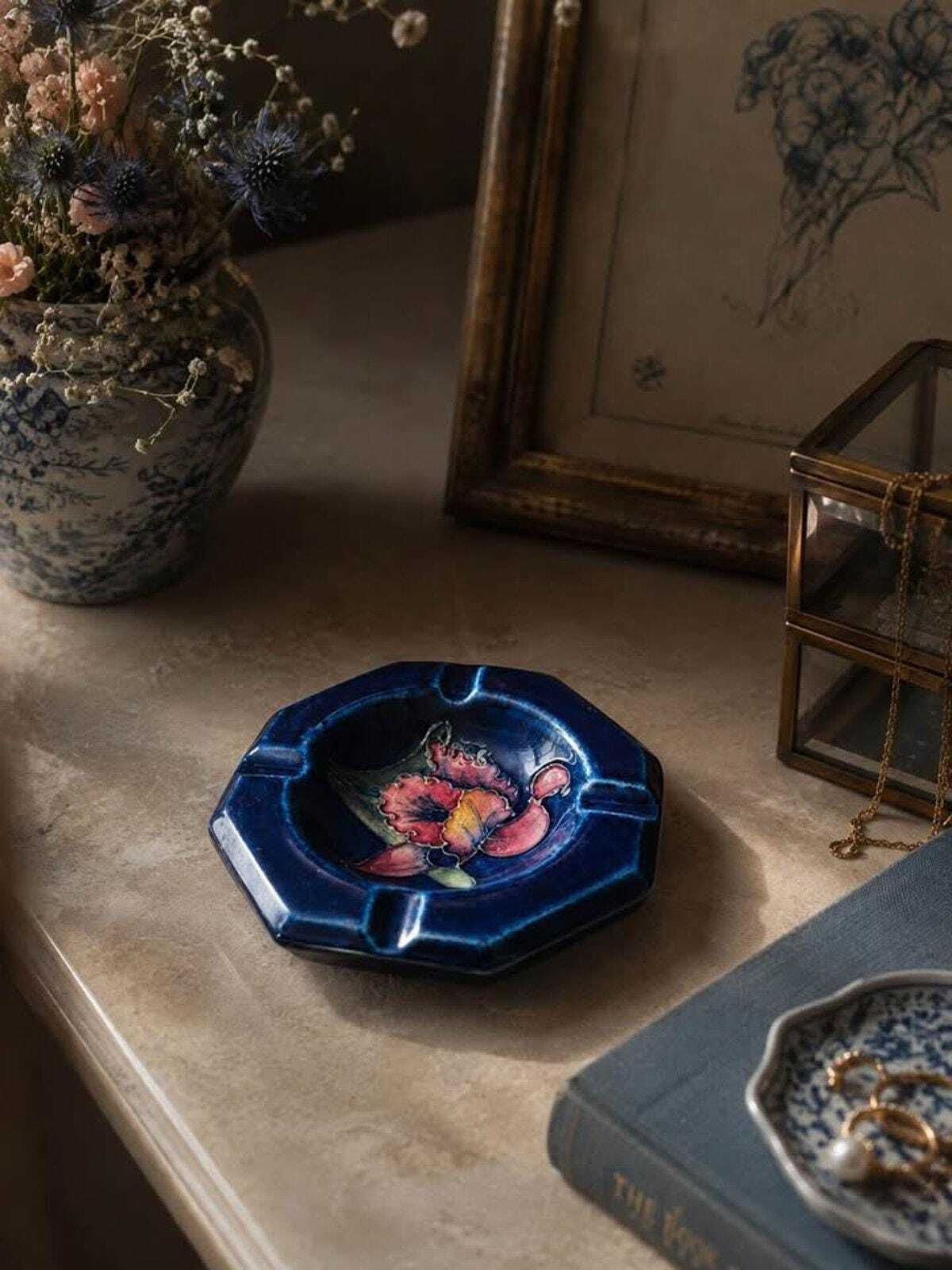 Vintage Moorcroft Pottery Octagonal Ashtray, Orchid Pattern