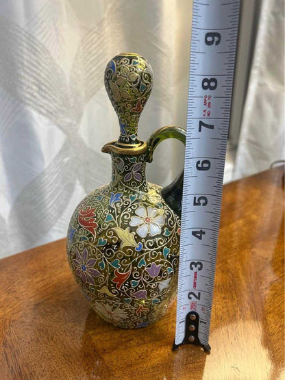 Antique Bohemian Enameled Green Glass Decanter Pitcher
