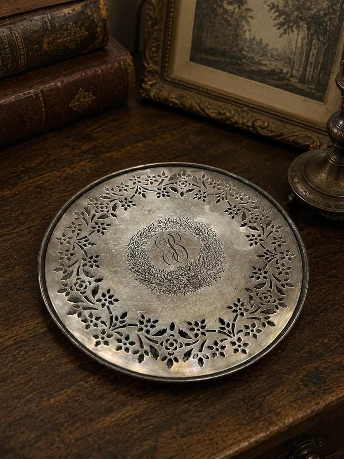 Antique Shreve & Co. Sterling Silver Pierced Plate, 10-Inch Floral Tray with Monogram