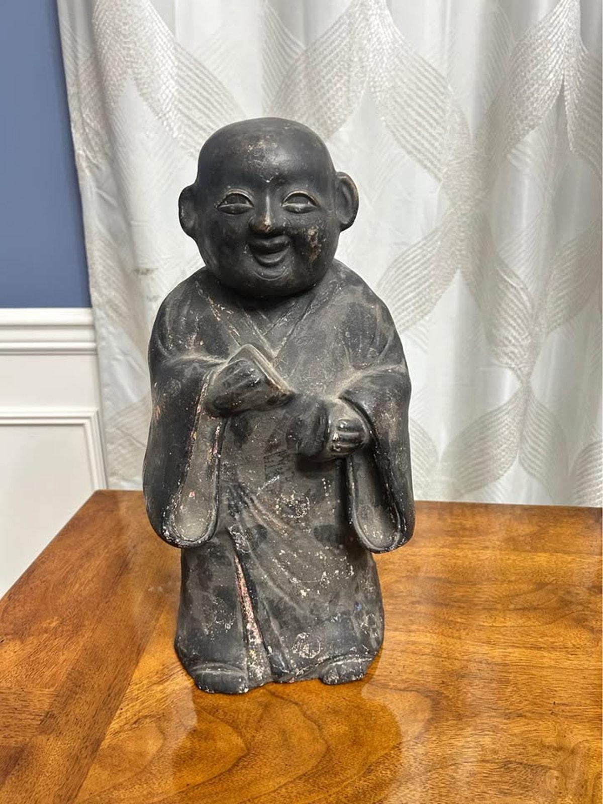 Antique Japanese Tsuchi Ningyo Black Clay Scholar Monk Figure 15"