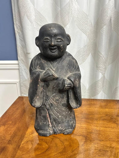 Antique Japanese Tsuchi Ningyo Black Clay Scholar Monk Figure 15"