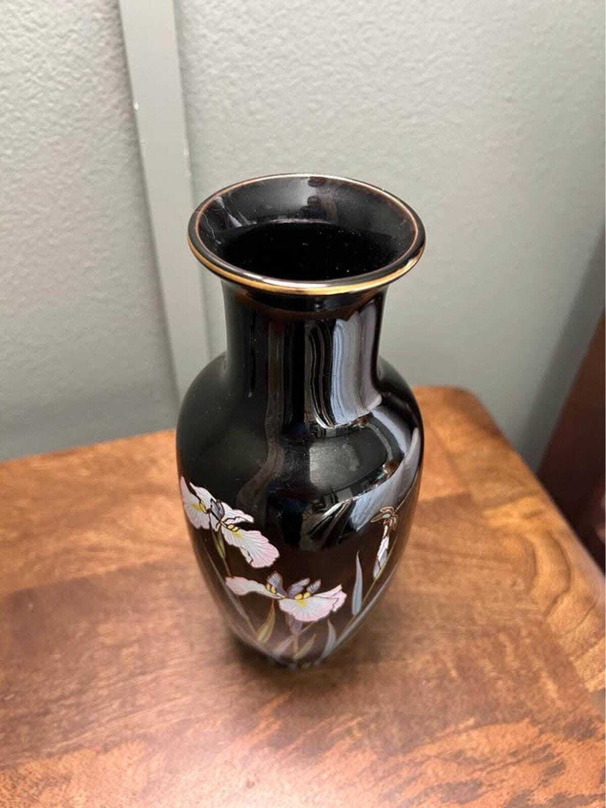 Vintage Kyoritsu Japan Black Iris Vase, 9.5 Inch