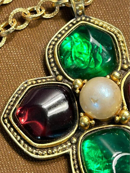 Yves Saint Laurent Vintage Poured Glass and Pearl Maltese Cross Pendant Necklace