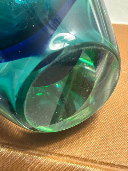 Vintage Heavy Sommerso Art Glass Vase with Polished Optic Lenses Green and Blue