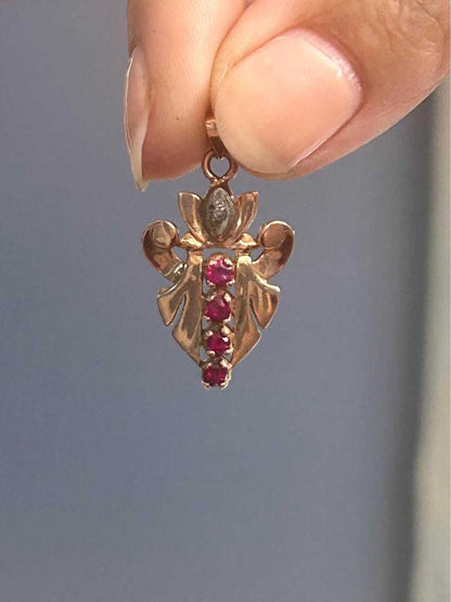 Vintage 14k Yellow Gold Pink Topaz and Diamond Leaf Motif Pendant