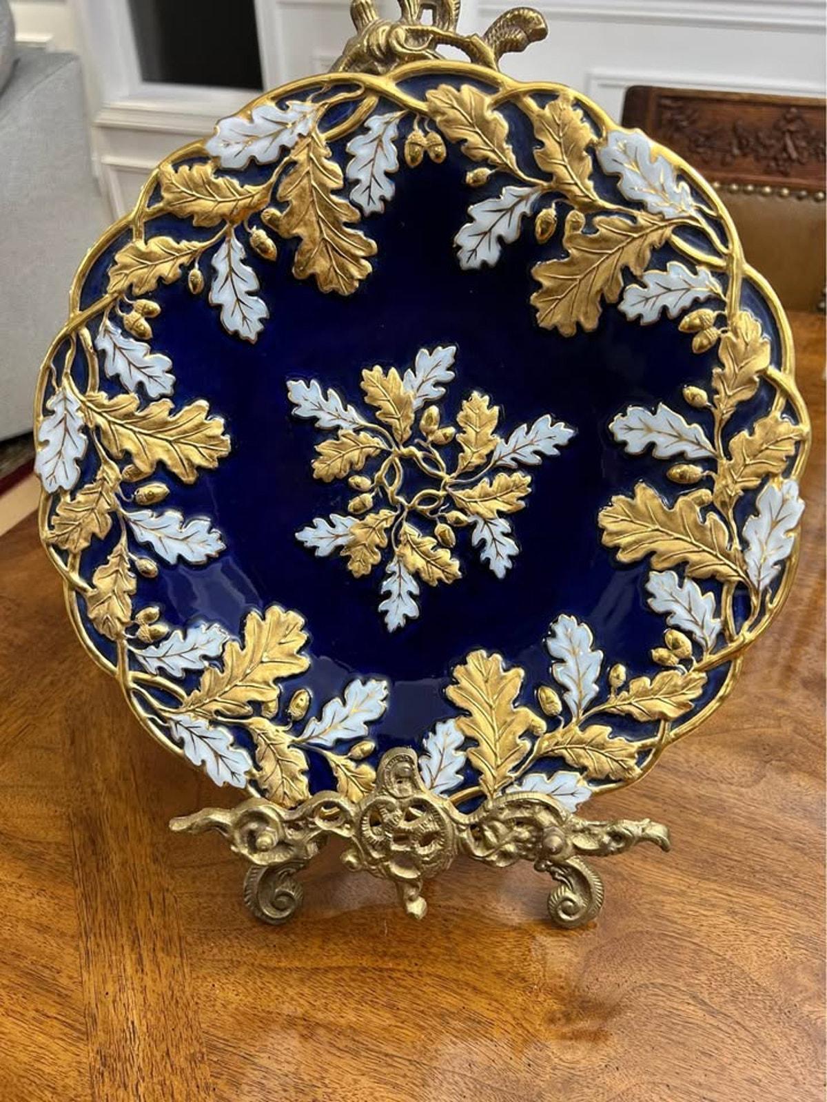 Antique Meissen Porcelain Cabinet Plate, Cobalt Blue with Heavy Gold Oak Leaf Relief (1924-1934)