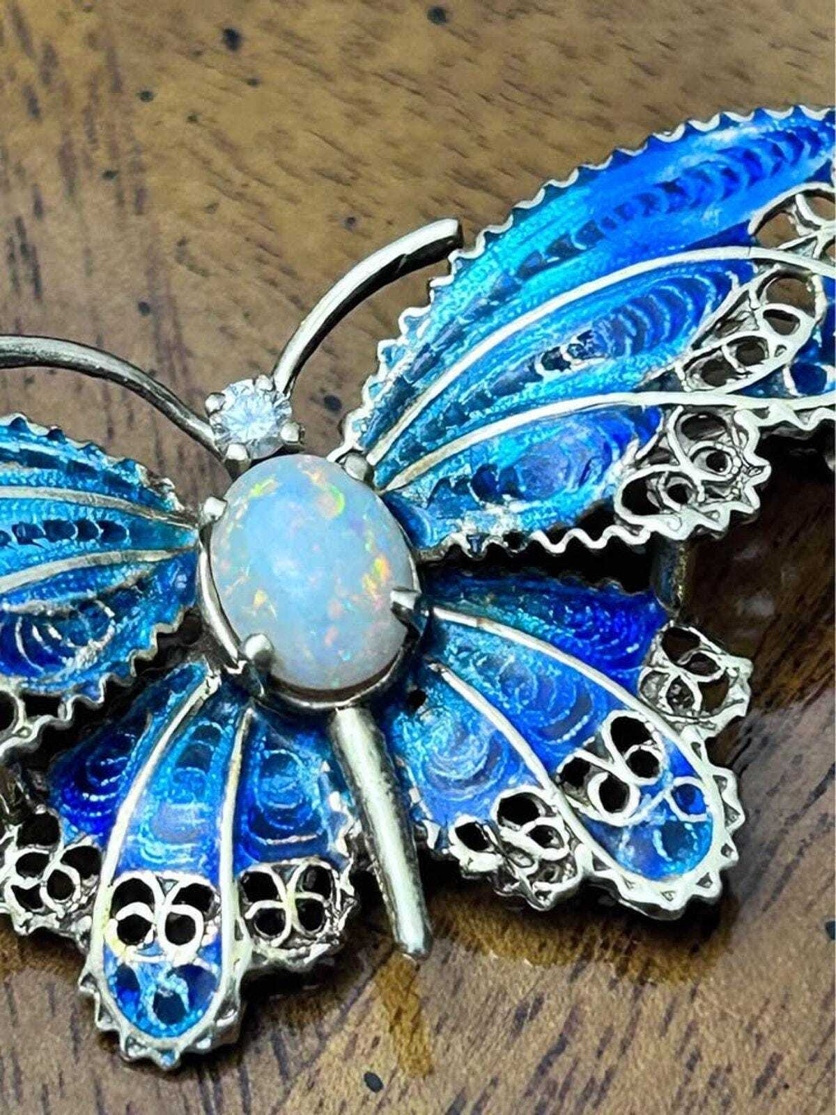 Vintage 14K Gold Plique-à-Jour Enamel Butterfly Brooch with Opal & Diamond