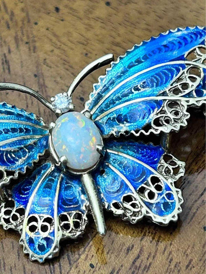 Vintage 14K Gold Plique-à-Jour Enamel Butterfly Brooch with Opal & Diamond