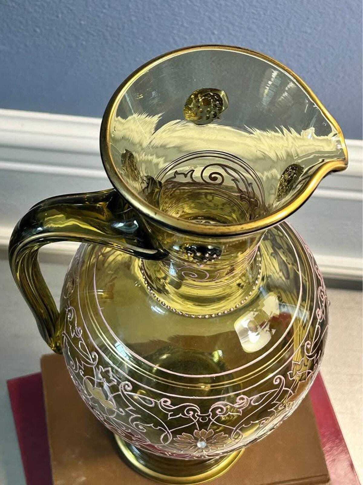Antique Fritz Heckert Bohemian Art Glass Jeweled Ewer Pitcher