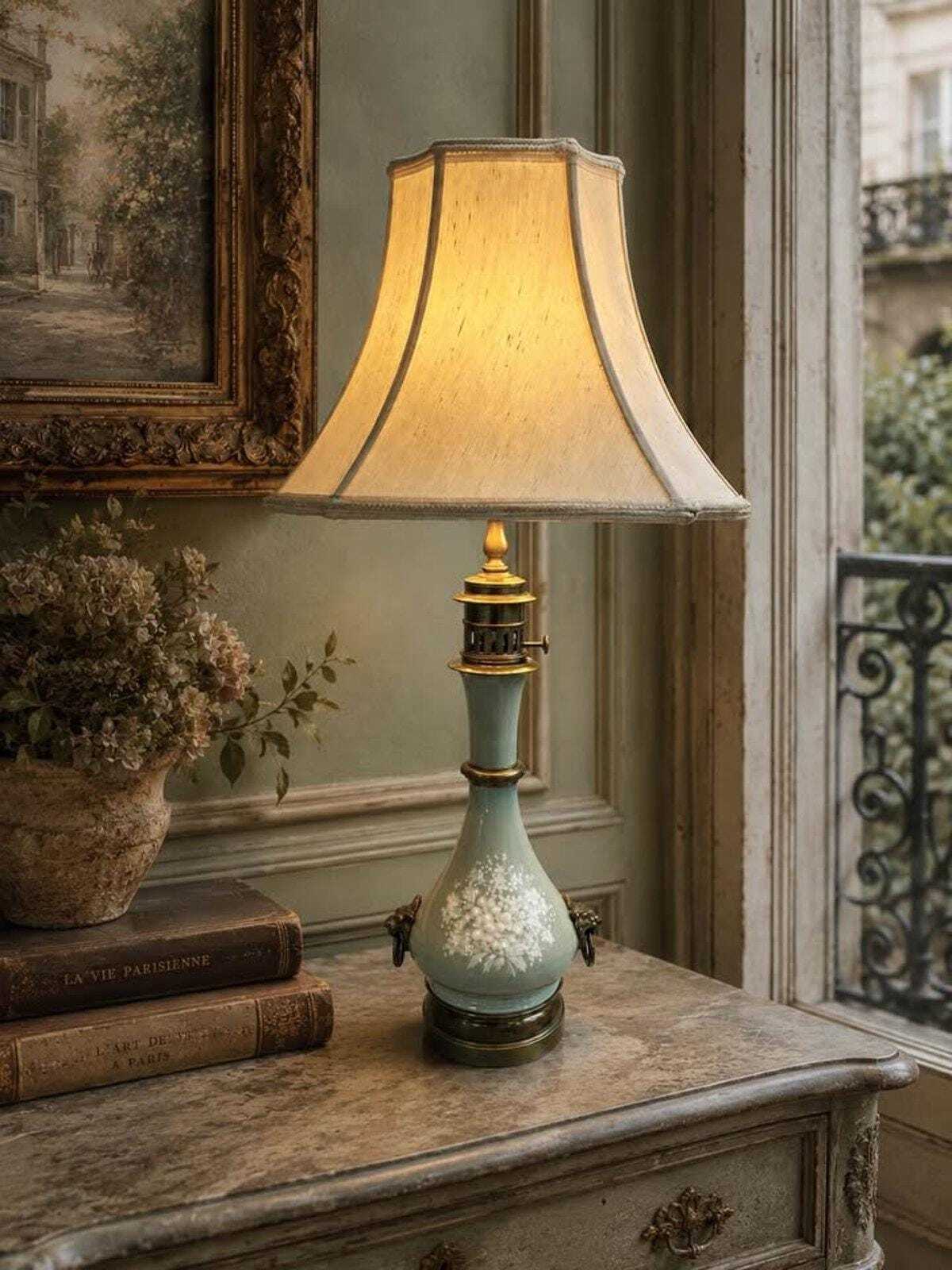 Antique Victorian Bristol Glass Parlor Lamp Hand Painted Floral Converted Electric Table Lamp