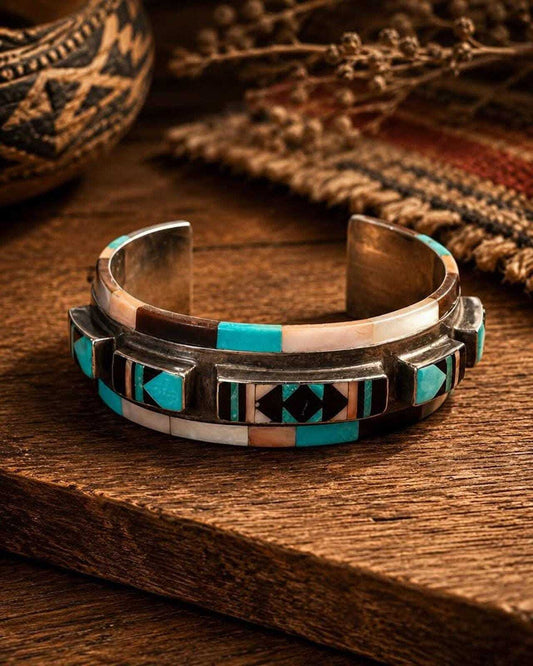 Vintage Zuni Olivia Panteah Sterling Silver Multi-Stone Raised Inlay Cuff Bracelet