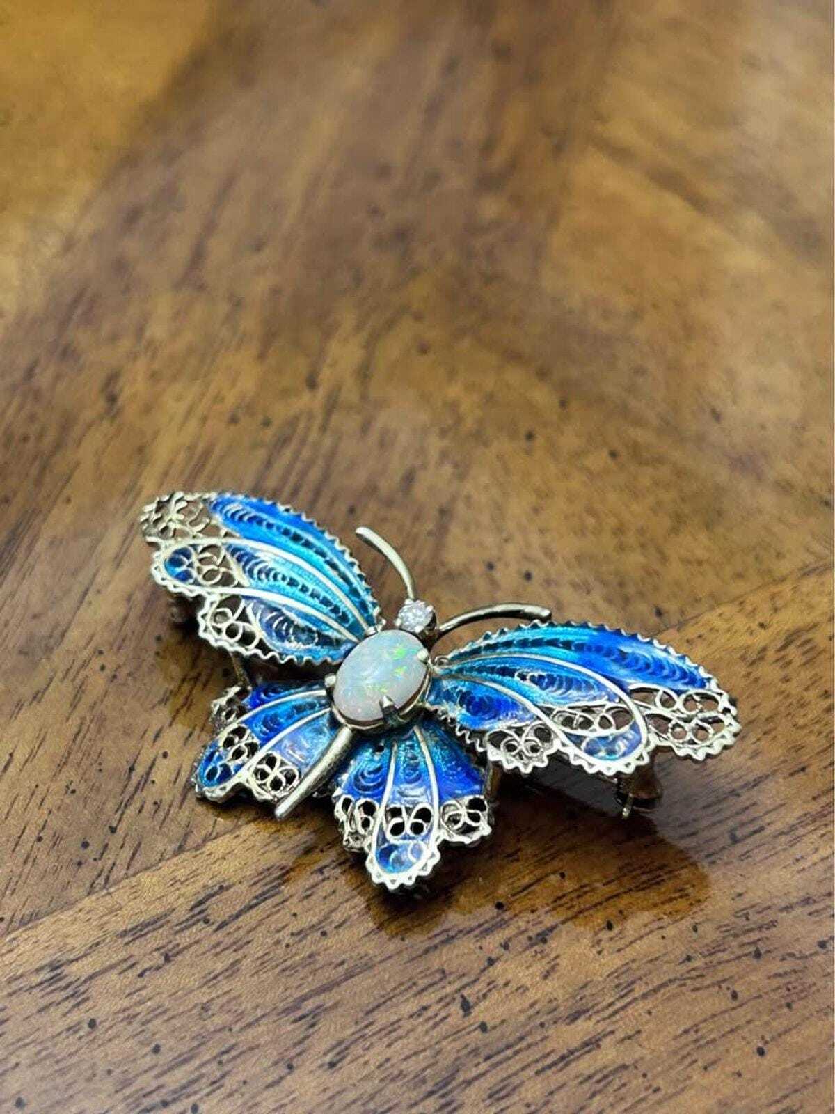 Vintage 14K Gold Plique-à-Jour Enamel Butterfly Brooch with Opal & Diamond