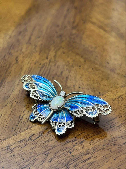 Vintage 14K Gold Plique-à-Jour Enamel Butterfly Brooch with Opal & Diamond