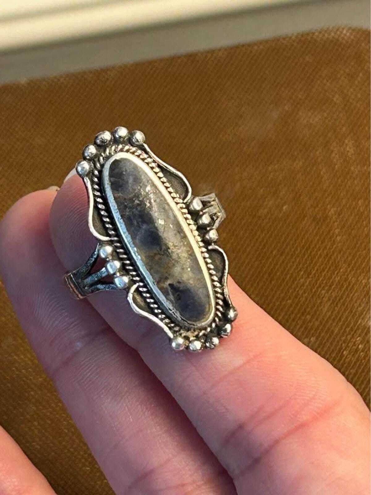 Vintage Sodalite 925 Sterling Silver Elongated Statement Ring Size 8