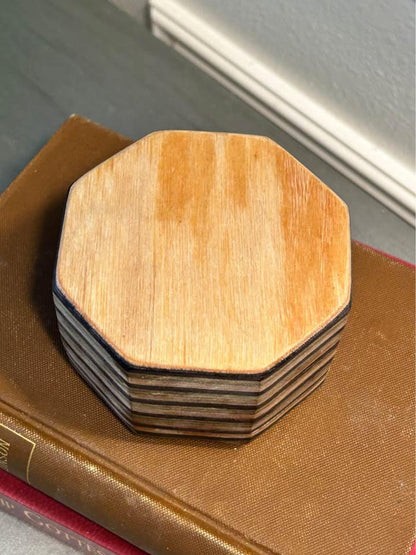 Artisan Carved Layered Wood Hexagonal Trinket Box with Magnetic Lid