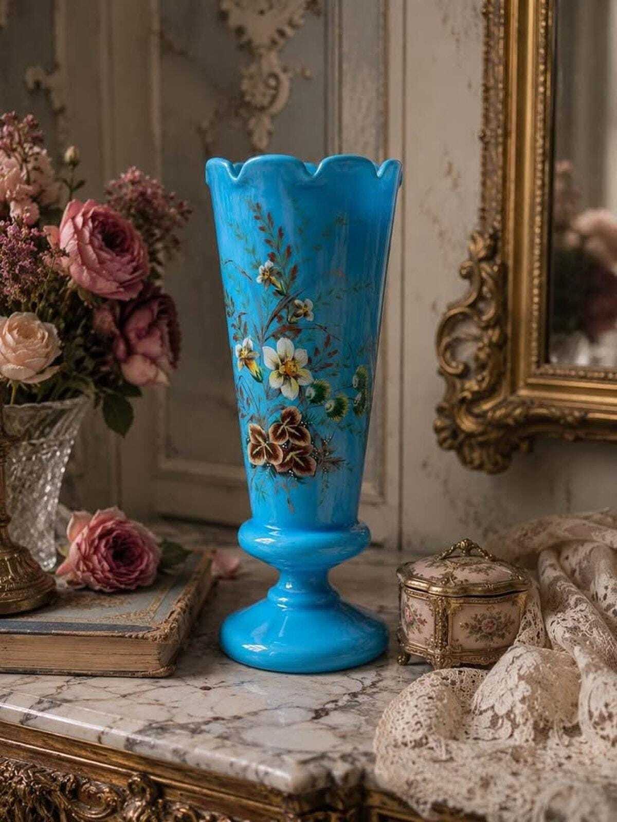 Antique Victorian Bristol Blue Glass Hand-Painted Enamel Floral Vase