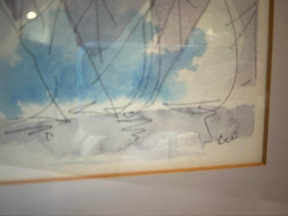 Original Mid-Century Minimalist Sailboat Watercolor – Signed "CW" – Nautical Modernist Art