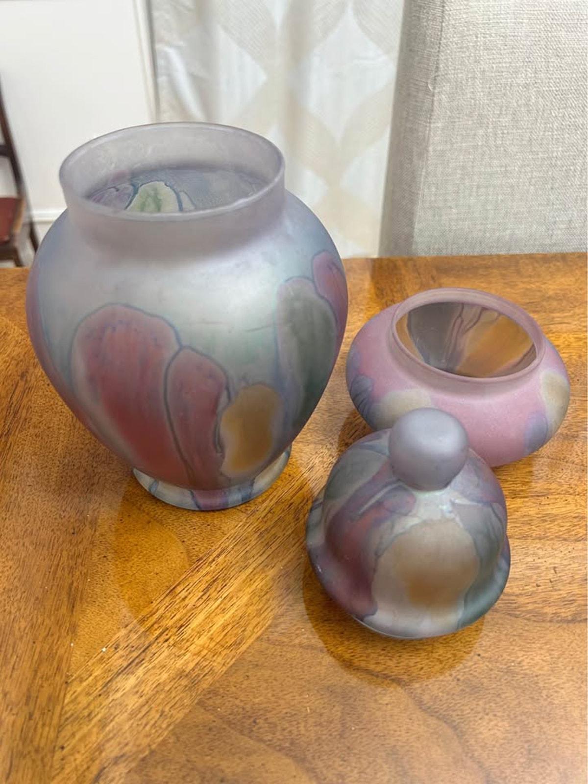 Vintage Rueven Hand Painted Frosted Satin Glass Lidded Ginger Jar and Bowl Set