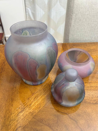 Vintage Rueven Hand Painted Frosted Satin Glass Lidded Ginger Jar and Bowl Set