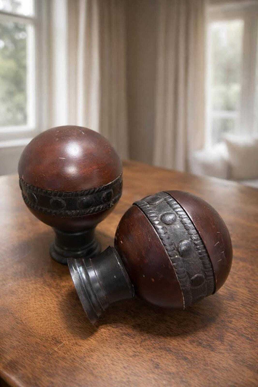 Vintage Mahogany Wood Sphere Finials – Carved Studded Detail, MCM Drapery Hardware