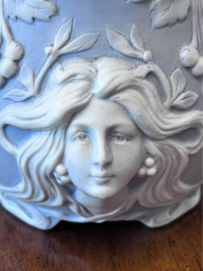 Antique Schafer & Vater Blue Bisque Porcelain Art Nouveau Maiden Vase