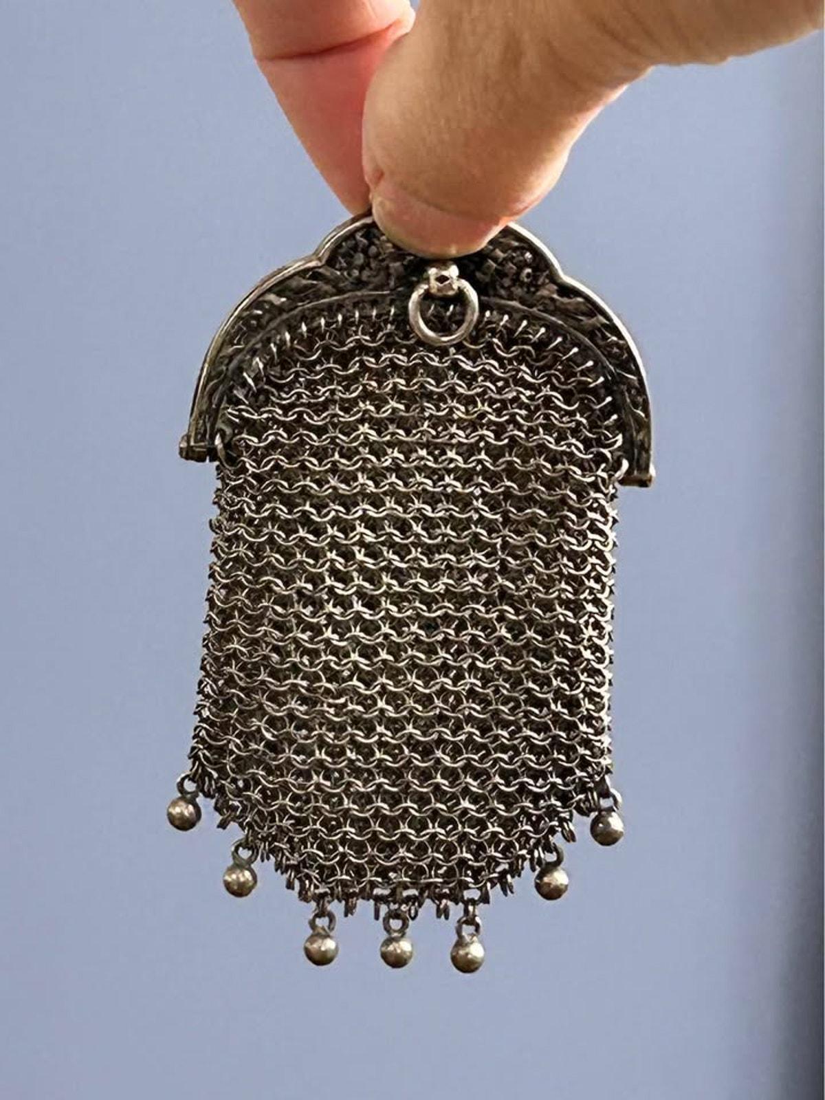 Antique Sterling Silver Chainmail Chatelaine Coin Purse With Repousse Frame