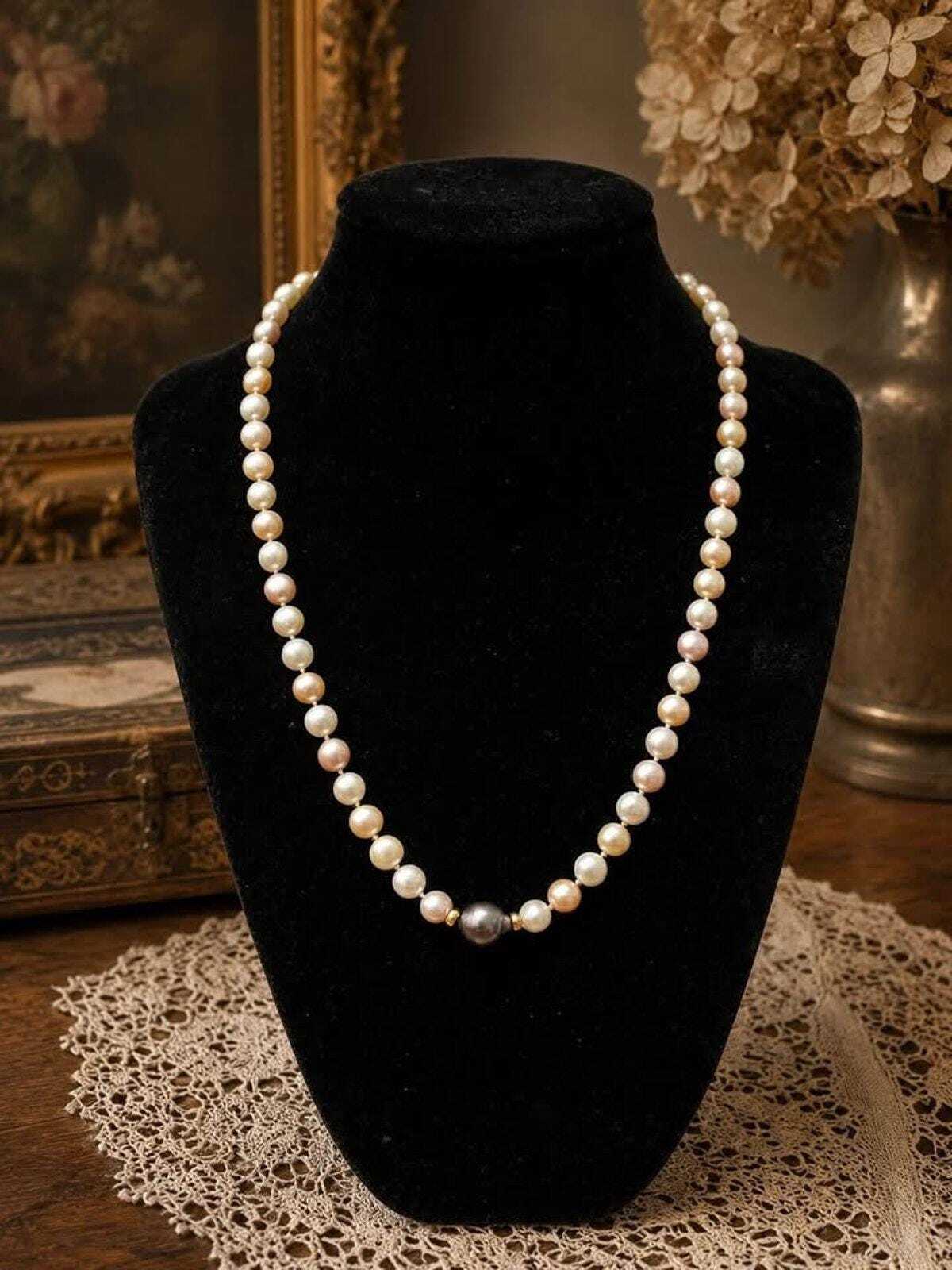 Vintage Cultured Pearl Necklace with 14K Gold Clasp and Grey Baroque Pearl