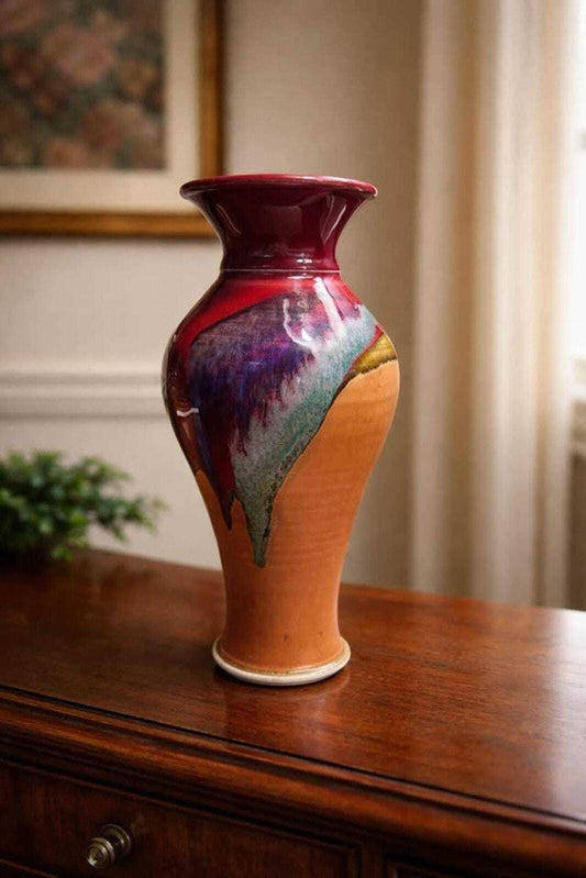Kevin Berg Signed Studio Art Pottery - 12" Drip Glaze Terracotta Vase