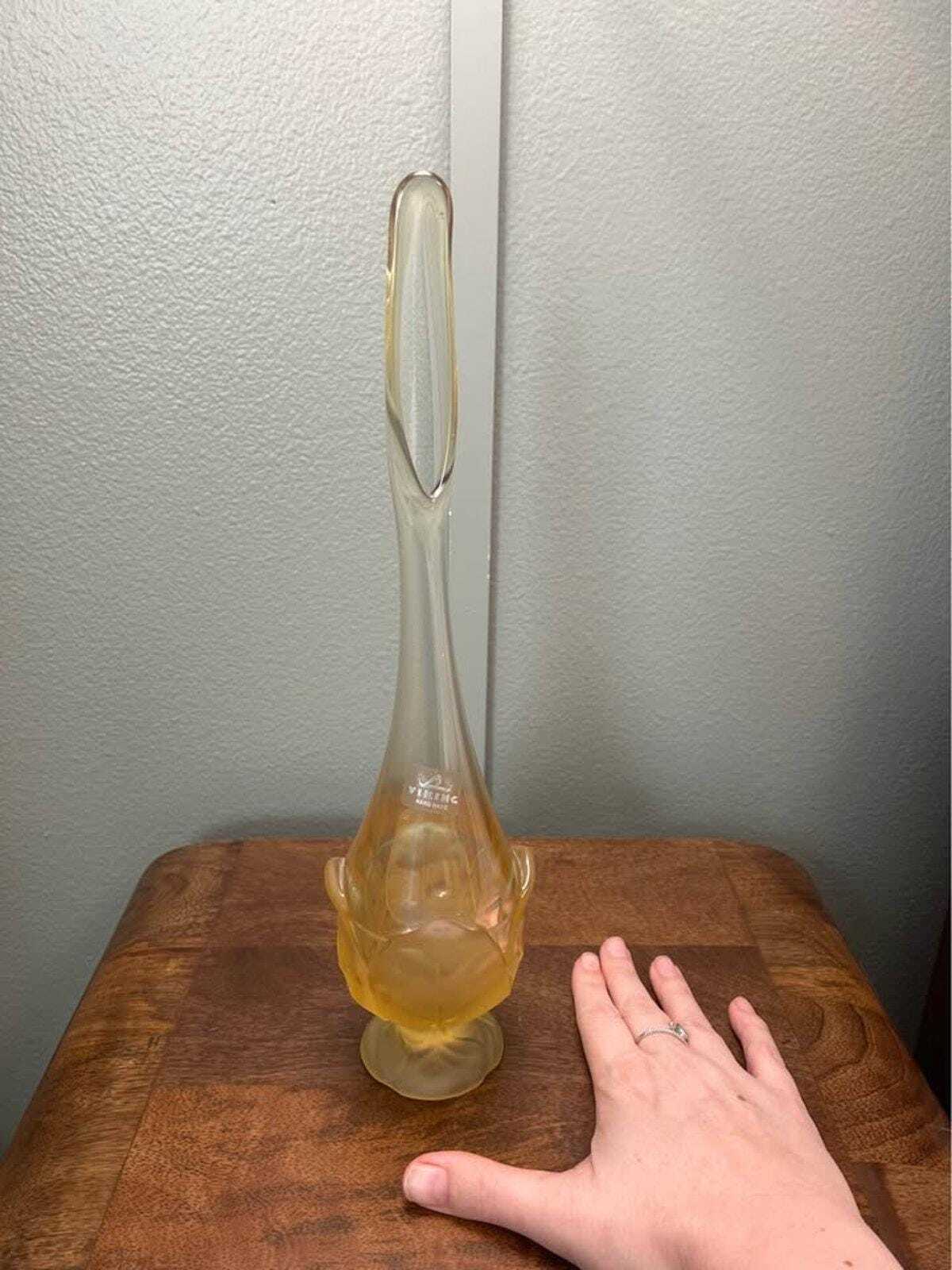 Viking Glass Amber Frosted Satin Lotus Bud Long Neck Swung Vase