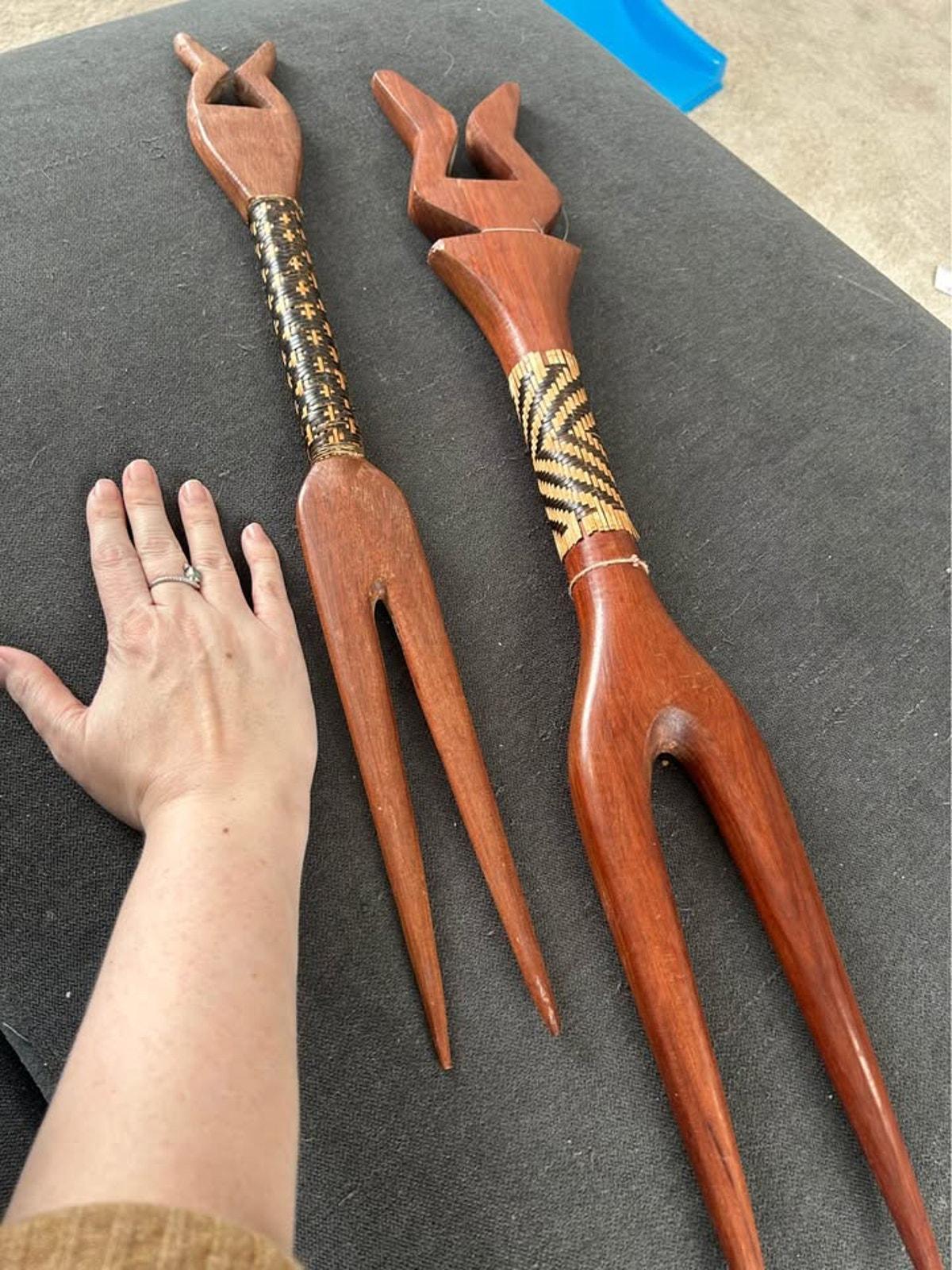 Vintage Fijian Cannibal Forks – Vesi Wood & Magimagi Weaving, Tribal Art
