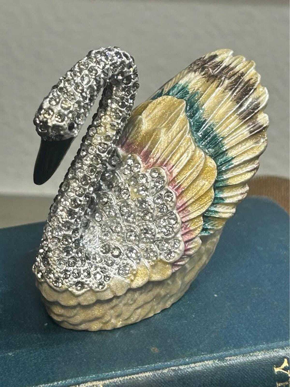 Hand-Painted Enamel Swan Trinket Box with Rhinestone Pavé
