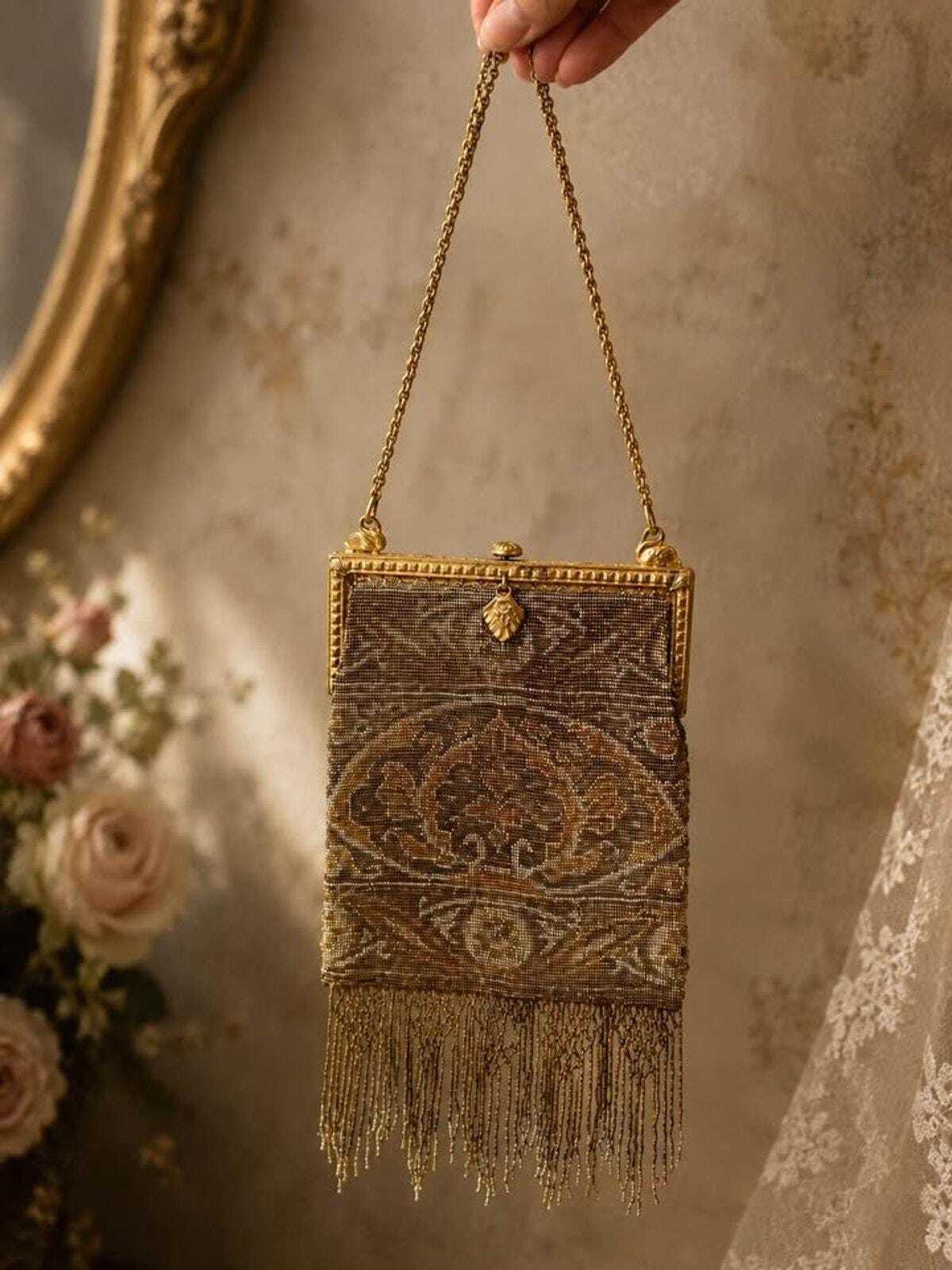 Antique 1920s Art Deco Micro-Beaded Evening Purse with Brass Swan Frame