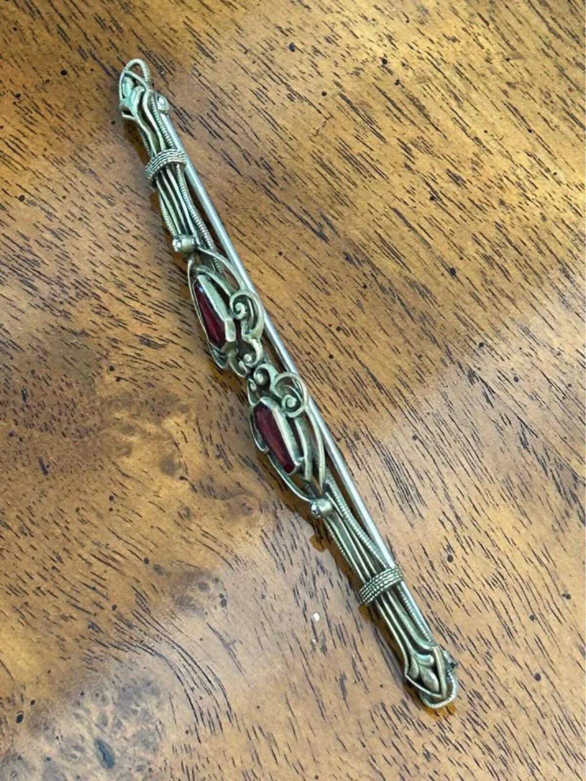 Antique Edwardian Gold Filled Wirework Bar Brooch with Red Coffin Cut Paste Stones