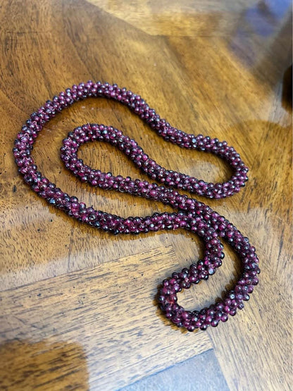 Vintage Woven Garnet Seed Bead Endless Rope Necklace