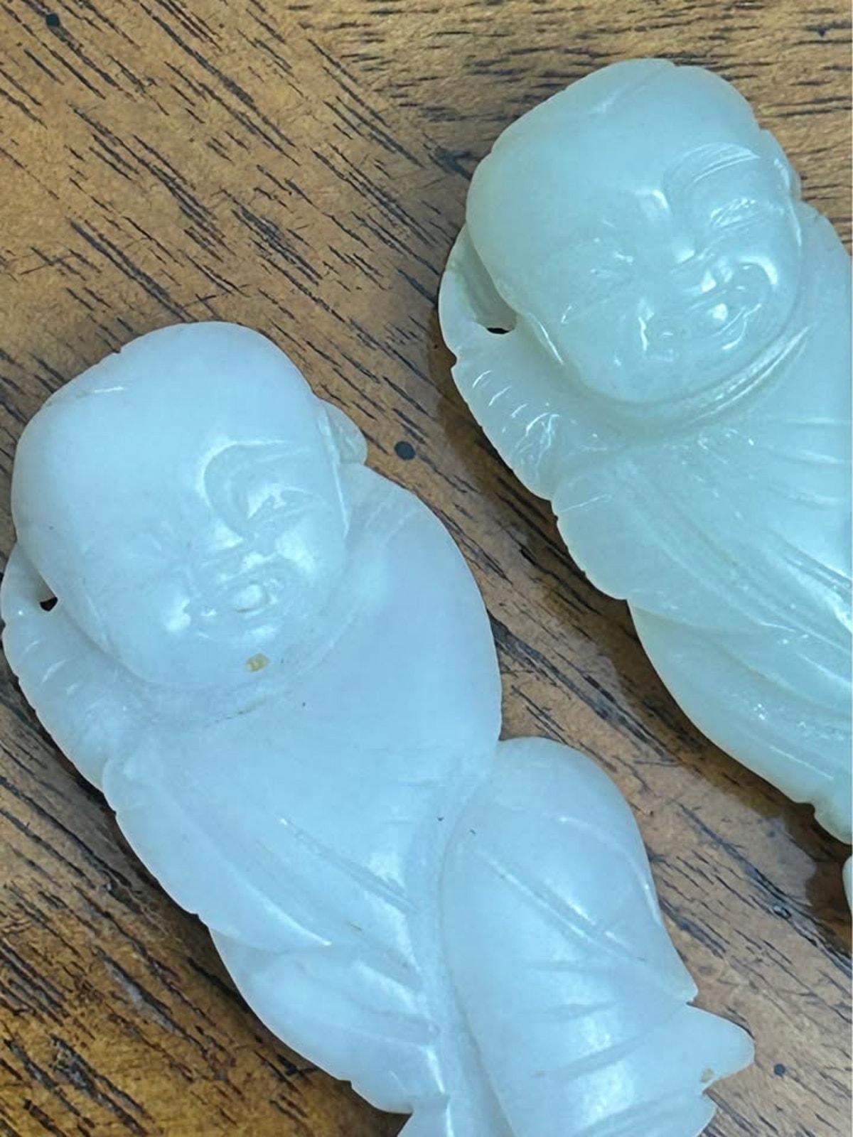 Antique Chinese Carved White Jade Tongzi Pendants Pair