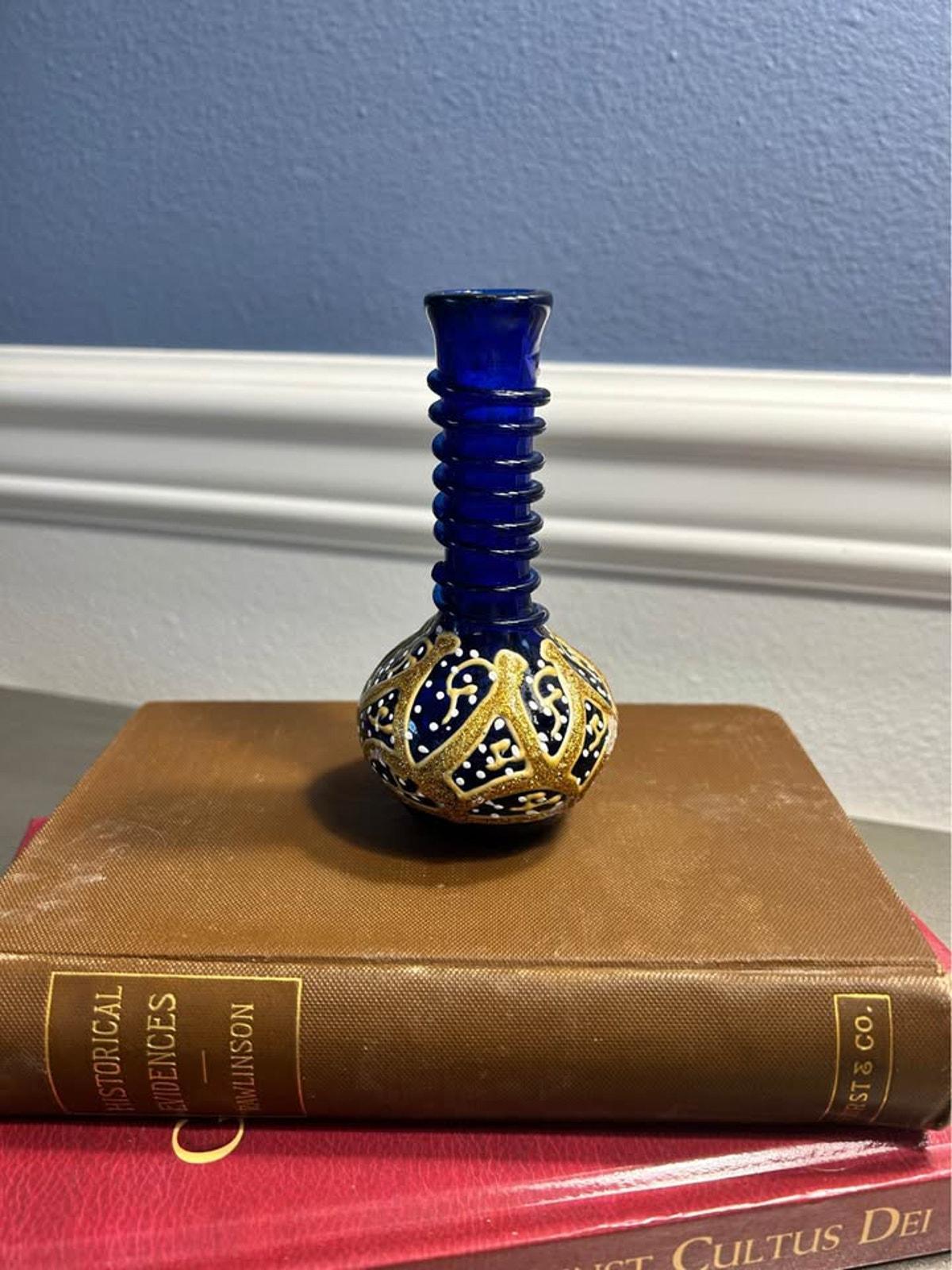 Vintage 1970s Bohemian Style Cobalt Blue & Gold Glass Miniature Vase