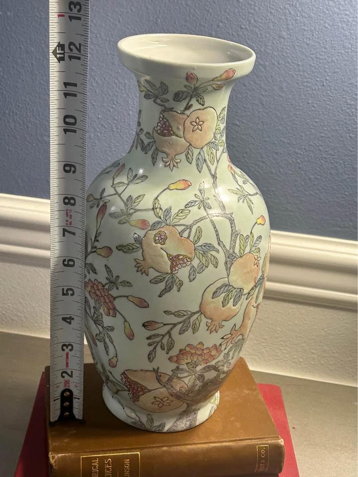 Vintage Chinese Porcelain Famille Rose Pomegranate Vase Celadon Ground Apocryphal Qianlong Mark