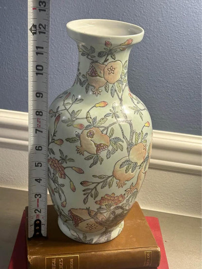 Vintage Chinese Porcelain Famille Rose Pomegranate Vase Celadon Ground Apocryphal Qianlong Mark