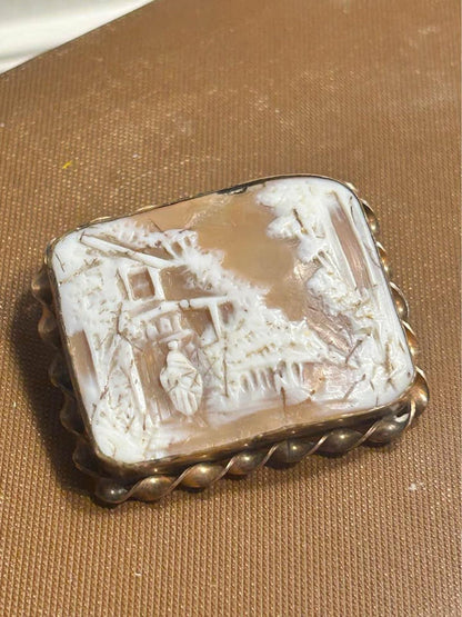 Victorian Grand Tour Hand Carved Shell Cameo Brooch, Large Sardonyx Landscape Village Scene