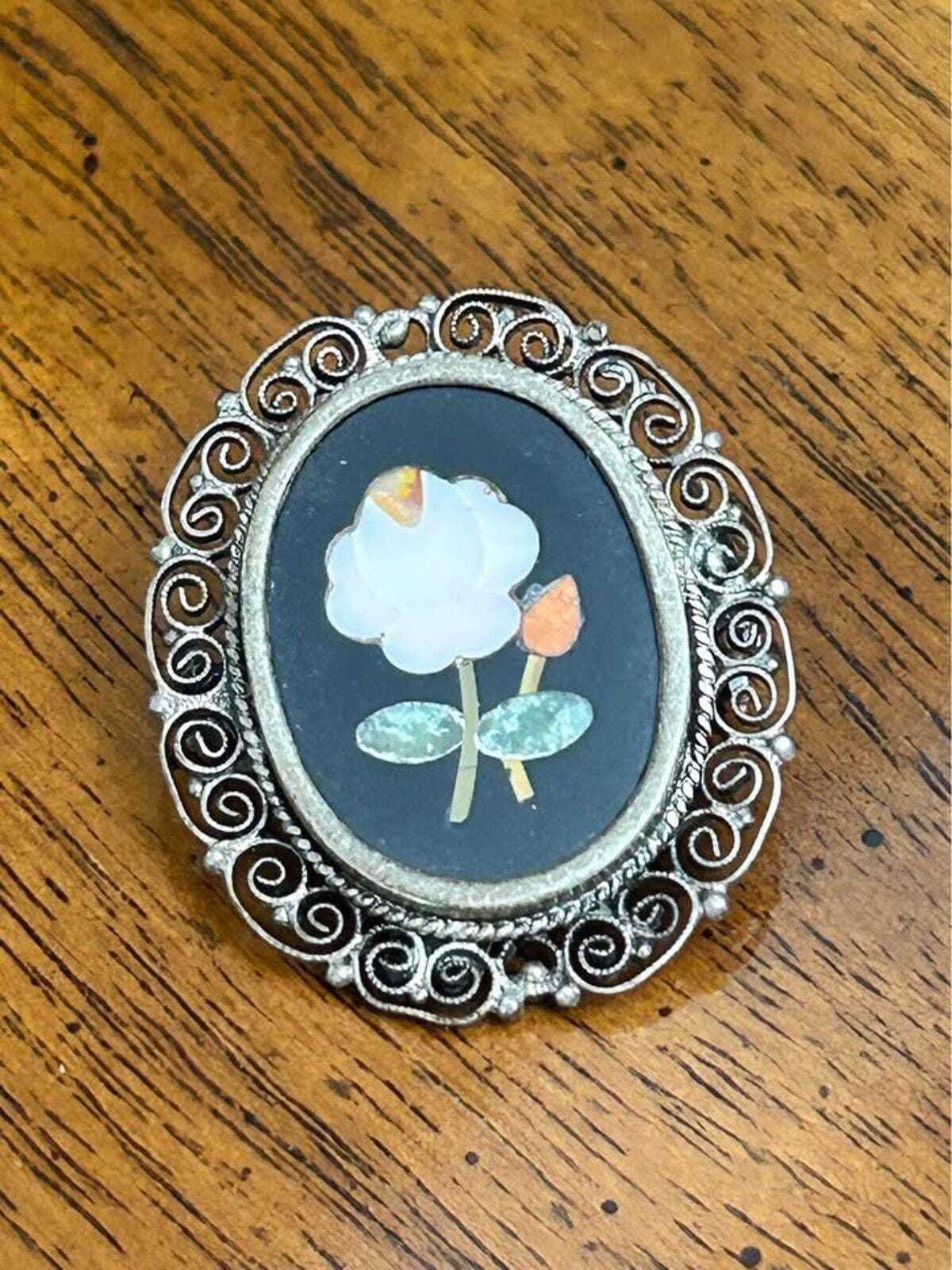 Vintage Italian 800 Silver Pietra Dura Style Floral Shell Inlay Brooch Pendant