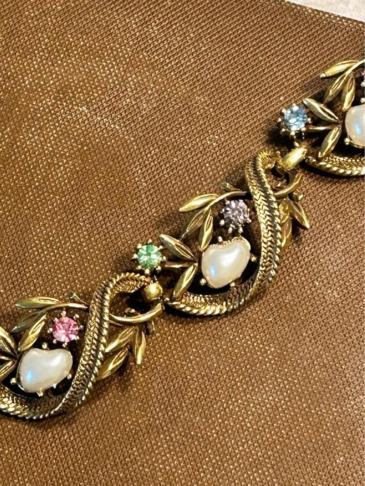 Unsigned Coro Book Piece Vine Choker Faux Pearl Pastel Rhinestone 1950s