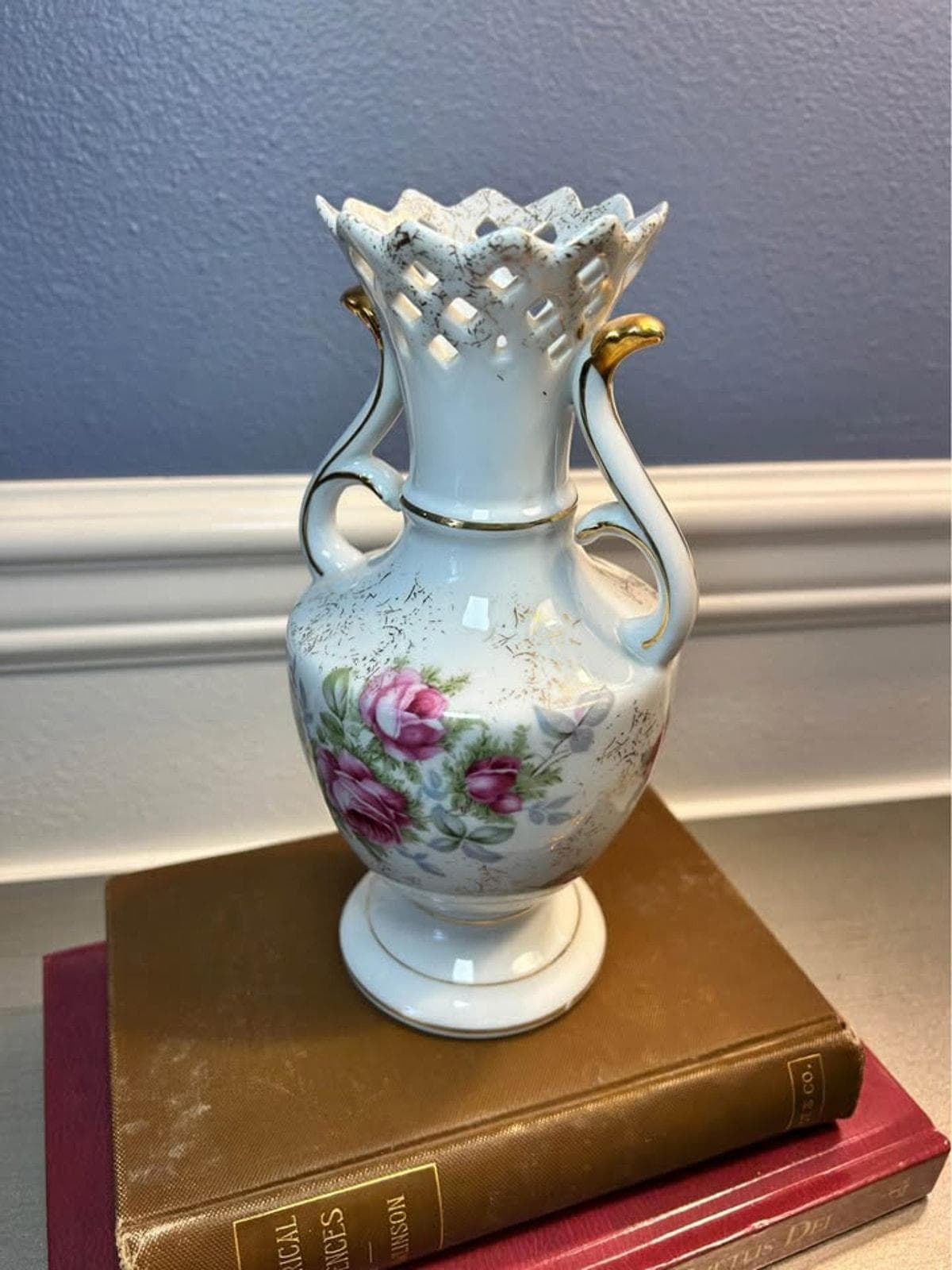 Vintage Norcrest Dresden Rose Vase - Pierced Rim & Gold Accents