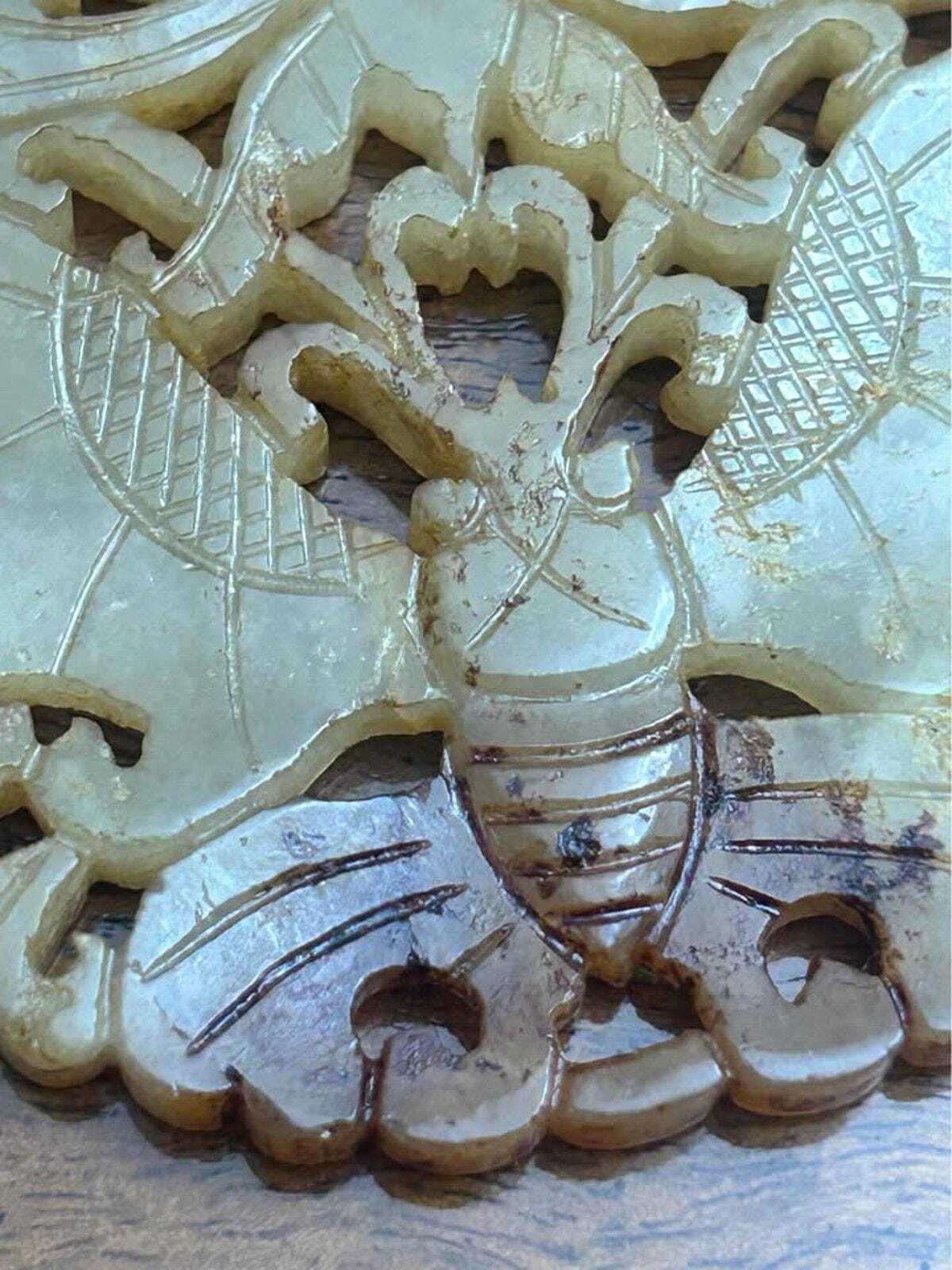 Vintage Chinese Carved Nephrite Jade Butterfly Medallion Plaque Russet Inclusions
